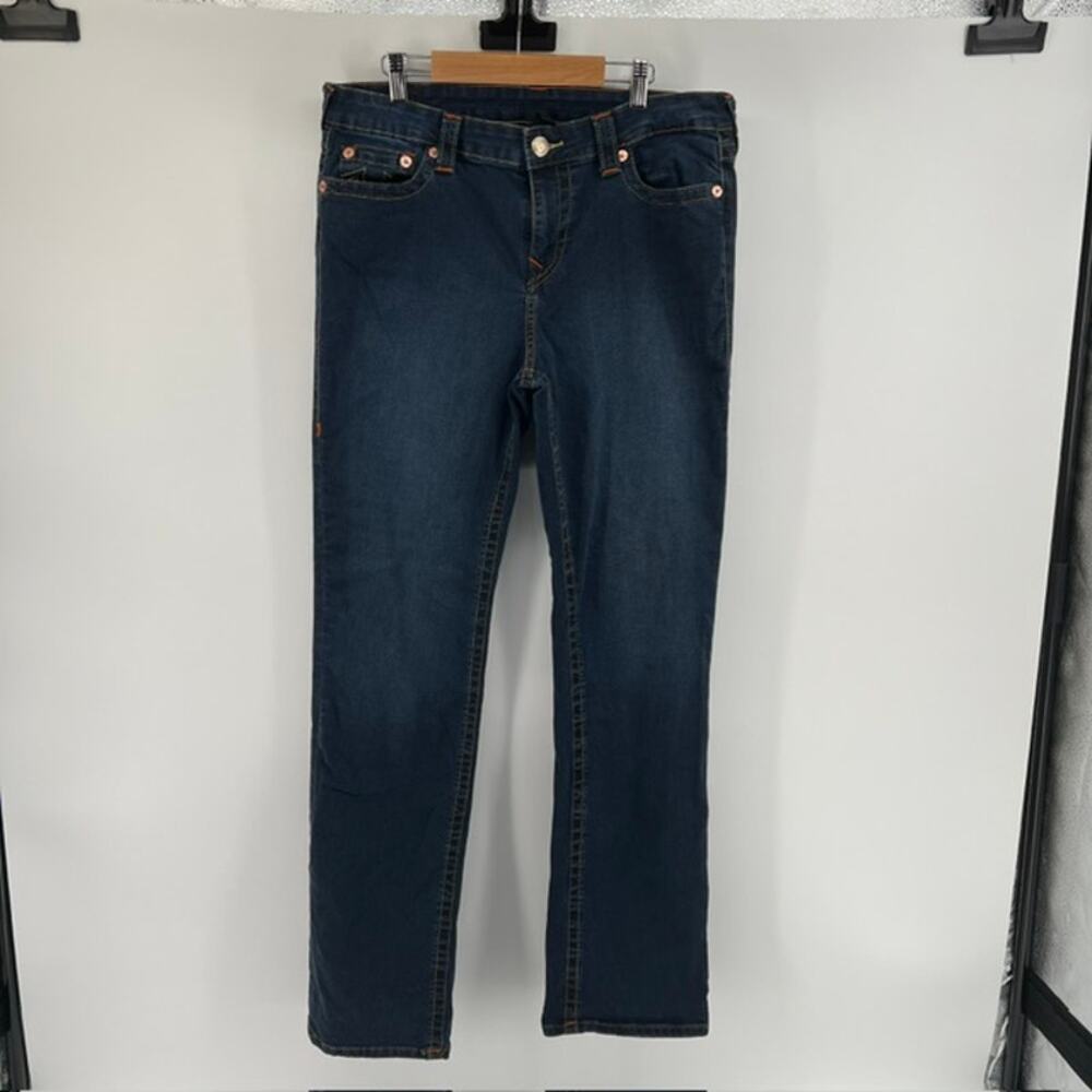 True Religion Womens Billie Mid Rise Straight Denim Jeans Size 33 Dark Wash Y2K